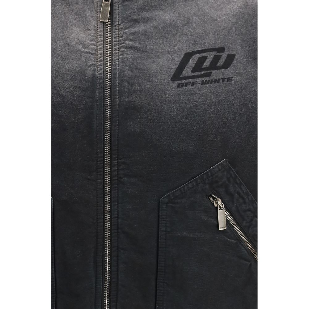 This Bomber Jacket by Off-White for men in denim cotton black & white exhibits a edgy silhouette, meticulously detailed with functional and a edgy for a edgy finish.