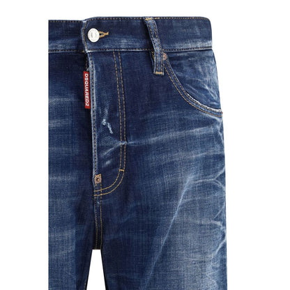 Jeans by Dsquared² for men in stretch denim cotton blue presents a tailored silhouette, showcasing a tailored regular-fit and long cut with a refined for a truly tailored aesthetic.