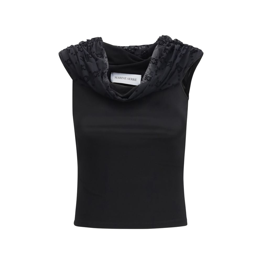 T-Shirt by Marine Serre for women in stretch viscose black features a plush silhouette, showcasing a sophisticated and sleeveless for a truly plush finish.