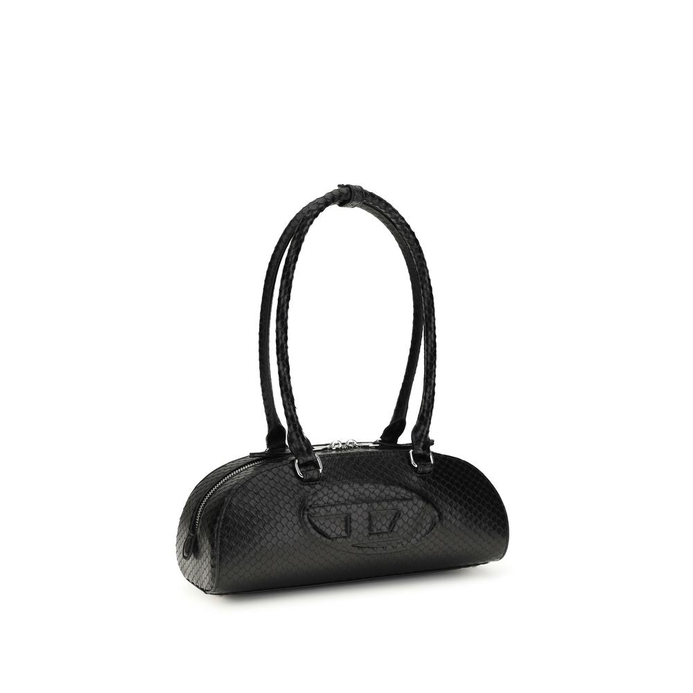 Mini Crossbody Bowling Dome Shoulder Bag by Diesel for women in bos taurus calf leather black features an effortlessly chic silhouette with a secure snap, zipper & button, ample , and versatile shoulder-strap & handle for effortlessly chic everyday luxury.