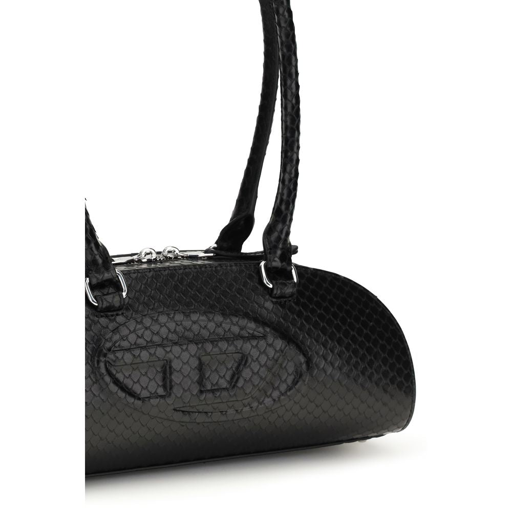Mini Crossbody Bowling Dome Shoulder Bag by Diesel for women in bos taurus calf leather black features a enviable silhouette, showcasing a secure snap, zipper & button, ample , and enviable shoulder-strap & handle for a enviable finish.