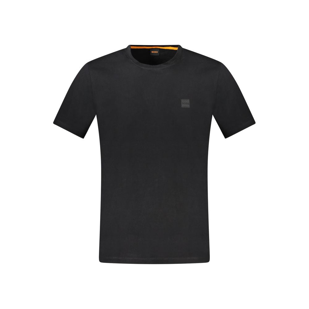 T-Shirt by Hugo Boss for men in cotton black showcases a unassuming silhouette, artfully detailed with a refined and unassuming short-sleeve for a sophisticated, contemporary look.