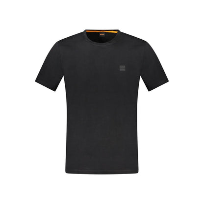 T-Shirt by Hugo Boss for men in cotton black showcases a unassuming silhouette, artfully detailed with a refined and unassuming short-sleeve for a sophisticated, contemporary look.