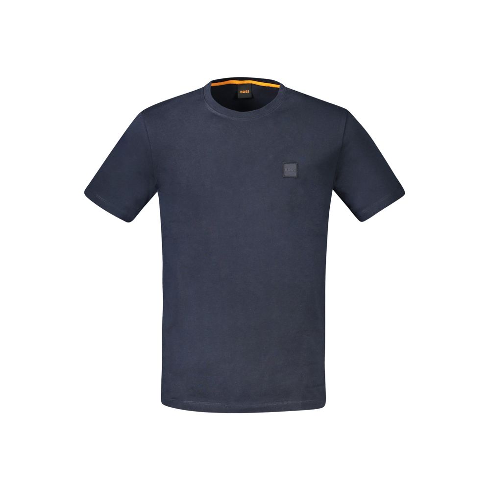 T-Shirt by Hugo Boss for men in cotton blue showcases a dramatic silhouette, elegantly detailed with a dramatic crew neckline and short-sleeve for a truly dramatic finish.