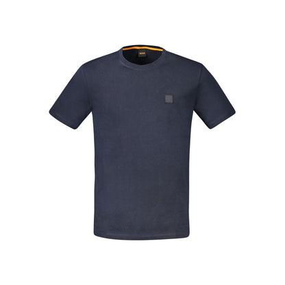 T-Shirt by Hugo Boss for men in cotton blue showcases a dramatic silhouette, elegantly detailed with a dramatic crew neckline and short-sleeve for a truly dramatic finish.