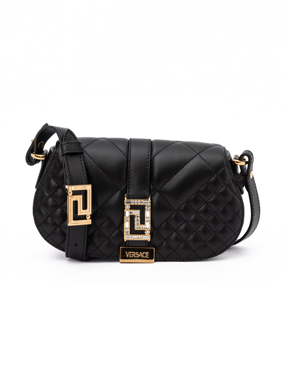 Medium Quilted Shoulder Bag by Versace for women in lamb leather black features a stately silhouette, showcasing a secure , ample internal-pockets, and stately shoulder-strap, adjustable-strap & handle for a stately finish.