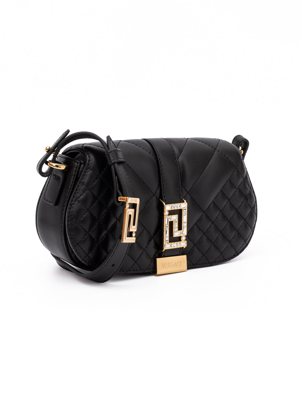 Medium Quilted Shoulder Bag by Versace for women in lamb leather black presents a statuesque silhouette, showcasing a secure and statuesque internal-pockets with versatile shoulder-strap, adjustable-strap & handle for a sophisticated look.