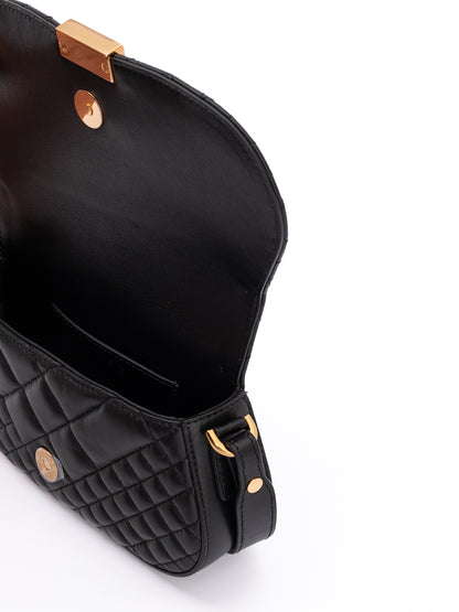 Medium Quilted Shoulder Bag by Versace for women in lamb leather black features an effortlessly chic silhouette with a secure , ample internal-pockets, and versatile shoulder-strap, adjustable-strap & handle for effortlessly chic everyday luxury.
