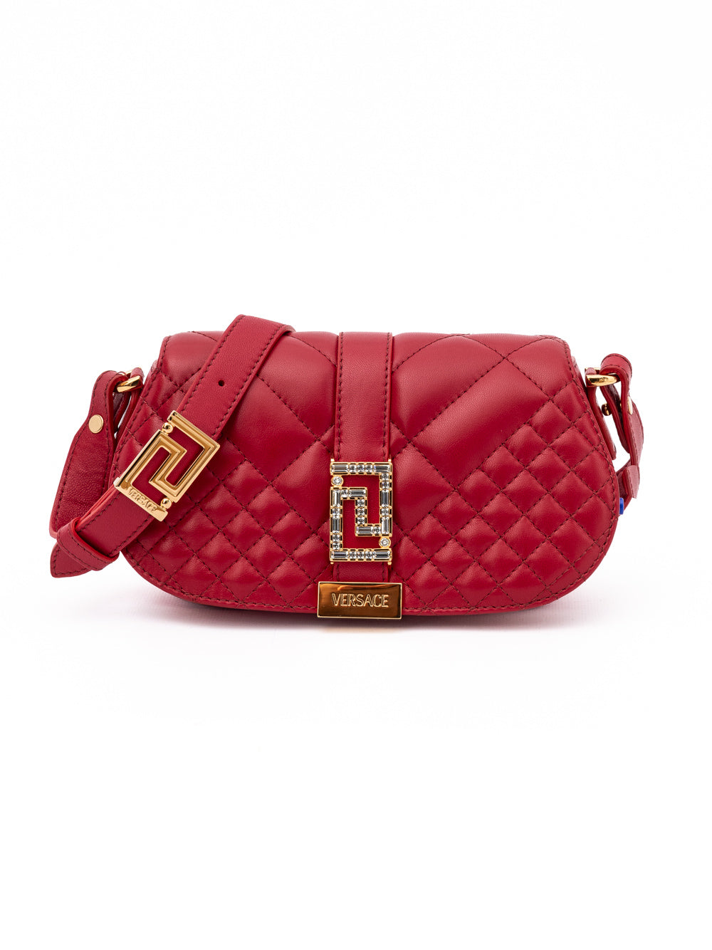 Medium Quilted Shoulder Bag by Versace for women in lamb leather red features a statuesque silhouette, showcasing a secure and statuesque internal-pockets with versatile shoulder-strap, adjustable-strap & handle for a statuesque finish.