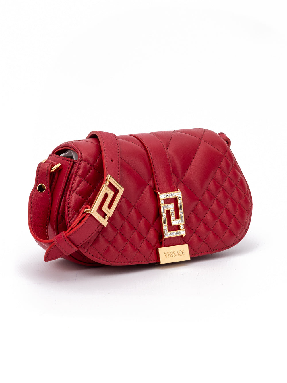 Medium Quilted Shoulder Bag by Versace for women in lamb leather red features a effortless sophistication silhouette, secured by a with ample internal-pockets and versatile shoulder-strap, adjustable-strap & handle for a effortless sophistication finish.