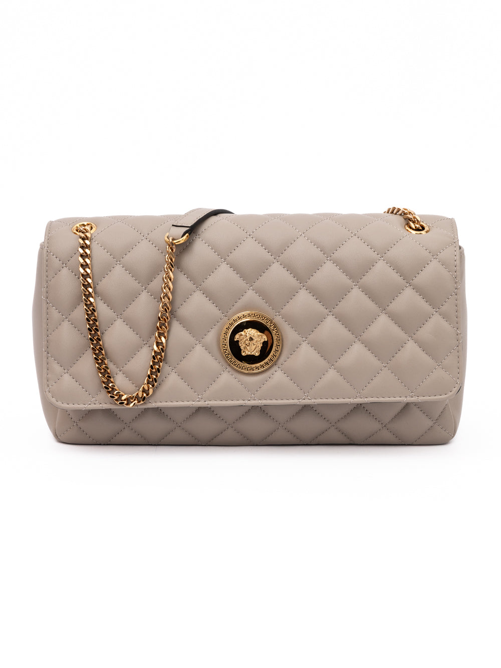Medium Quilted Shoulder Bag by Versace for women in lamb leather beige features a effortless sophistication silhouette, secured by a with ample internal-pockets and versatile shoulder-strap & handle for a effortless sophistication finish.