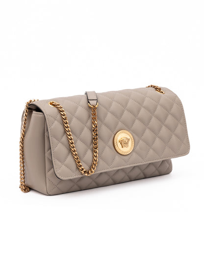 Medium Quilted Shoulder Bag by Versace for women in lamb leather beige features a statuesque silhouette, showcasing a secure and statuesque internal-pockets with versatile shoulder-strap & handle for a statuesque finish.