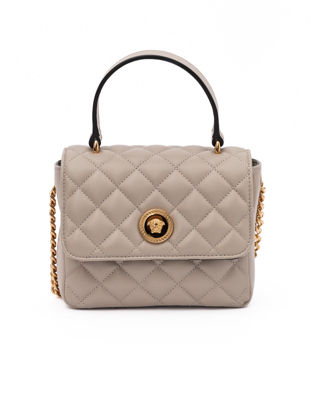 Medium Quilted Shoulder Bag by Versace for women in lamb leather beige presents a statuesque silhouette, showcasing a secure and statuesque internal-pockets with versatile shoulder-strap & handle for a sophisticated look.