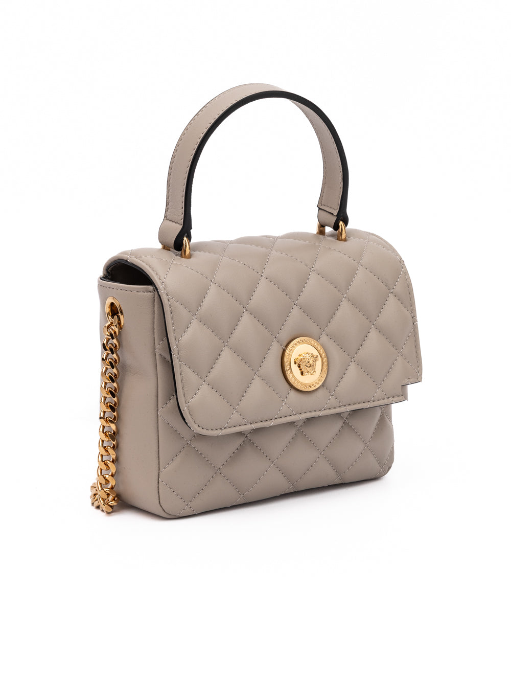 Medium Quilted Shoulder Bag by Versace for women in lamb leather beige presents a statuesque silhouette, showcasing a secure and statuesque internal-pockets with versatile shoulder-strap & handle for a sophisticated look.