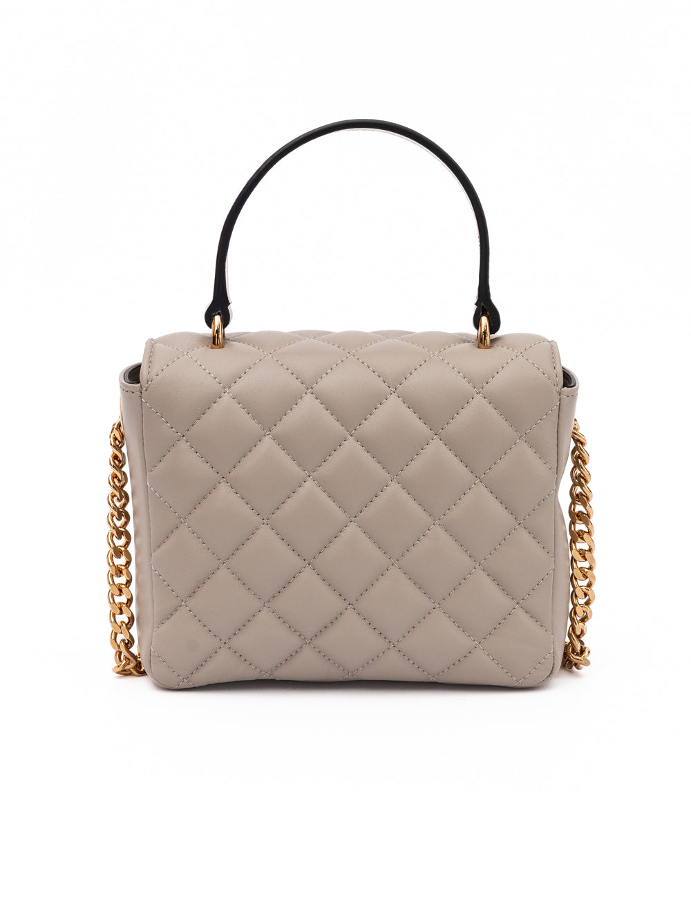 Medium Quilted Shoulder Bag by Versace for women in lamb leather beige features a effortless chic silhouette with a secure , ample internal-pockets, and versatile shoulder-strap & handle for a effortless chic finish.