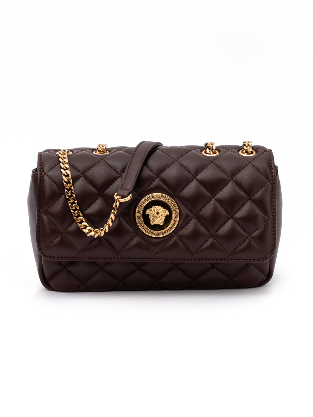 Medium Quilted Shoulder Bag by Versace for women in lamb leather beige & brown features an effortlessly chic silhouette with a secure , ample internal-pockets, and versatile shoulder-strap & handle for effortlessly chic everyday luxury.