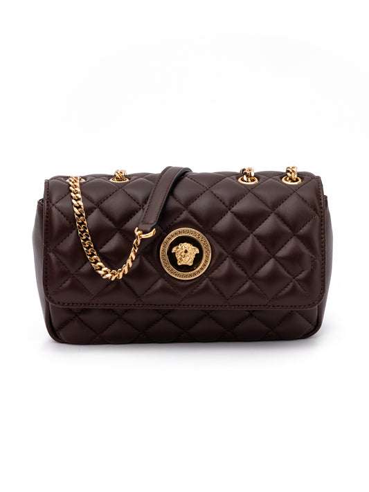 Medium Quilted Shoulder Bag by Versace for women in lamb leather beige & brown features an effortlessly chic silhouette with a secure , ample internal-pockets, and versatile shoulder-strap & handle for effortlessly chic everyday luxury.