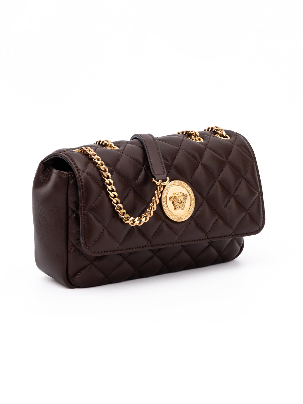 Medium Quilted Shoulder Bag by Versace for women in lamb leather beige & brown showcases a statuesque silhouette, artfully detailed with a secure , organized internal-pockets, and versatile shoulder-strap & handle for a statuesque look.