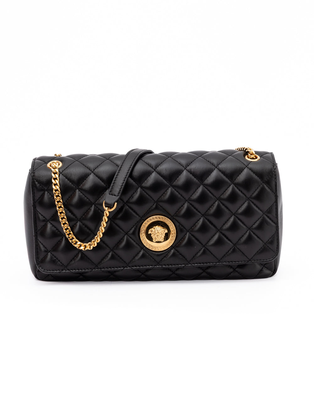 Medium Quilted Shoulder Bag by Versace for women in lamb leather black features an effortlessly chic silhouette with a secure , ample internal-pockets, and versatile shoulder-strap & handle for effortlessly chic everyday luxury.