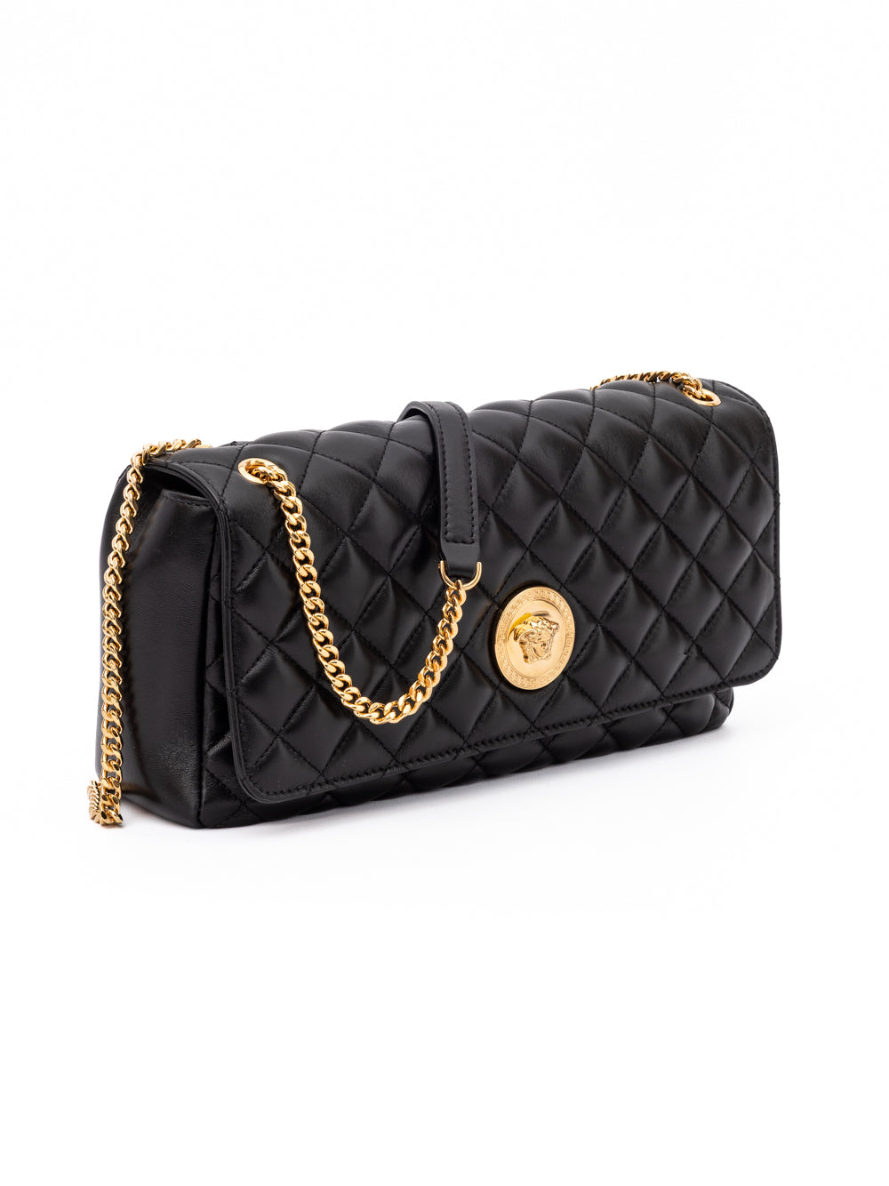 Medium Quilted Shoulder Bag by Versace for women in lamb leather black showcases a statuesque silhouette, artfully detailed with a secure , organized internal-pockets, and versatile shoulder-strap & handle for a statuesque look.