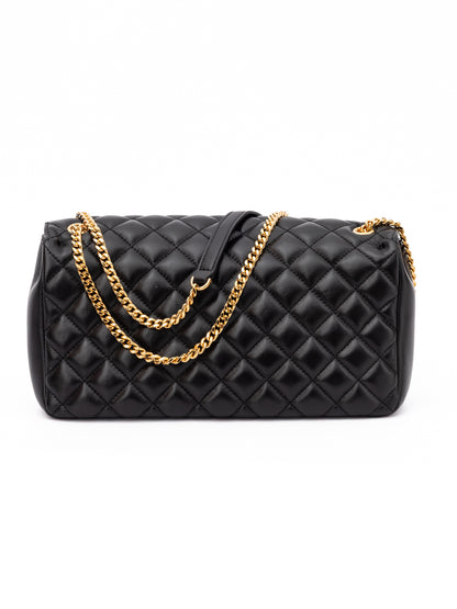 Medium Quilted Shoulder Bag by Versace for women in lamb leather black features a statuesque silhouette, showcasing a secure and statuesque internal-pockets with versatile shoulder-strap & handle for a statuesque finish.