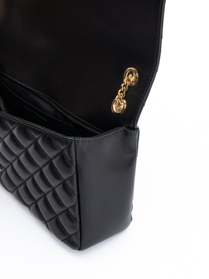 Medium Quilted Shoulder Bag by Versace for women in lamb leather black features a effortless chic silhouette with a secure , ample internal-pockets, and versatile shoulder-strap & handle for a effortless chic finish.