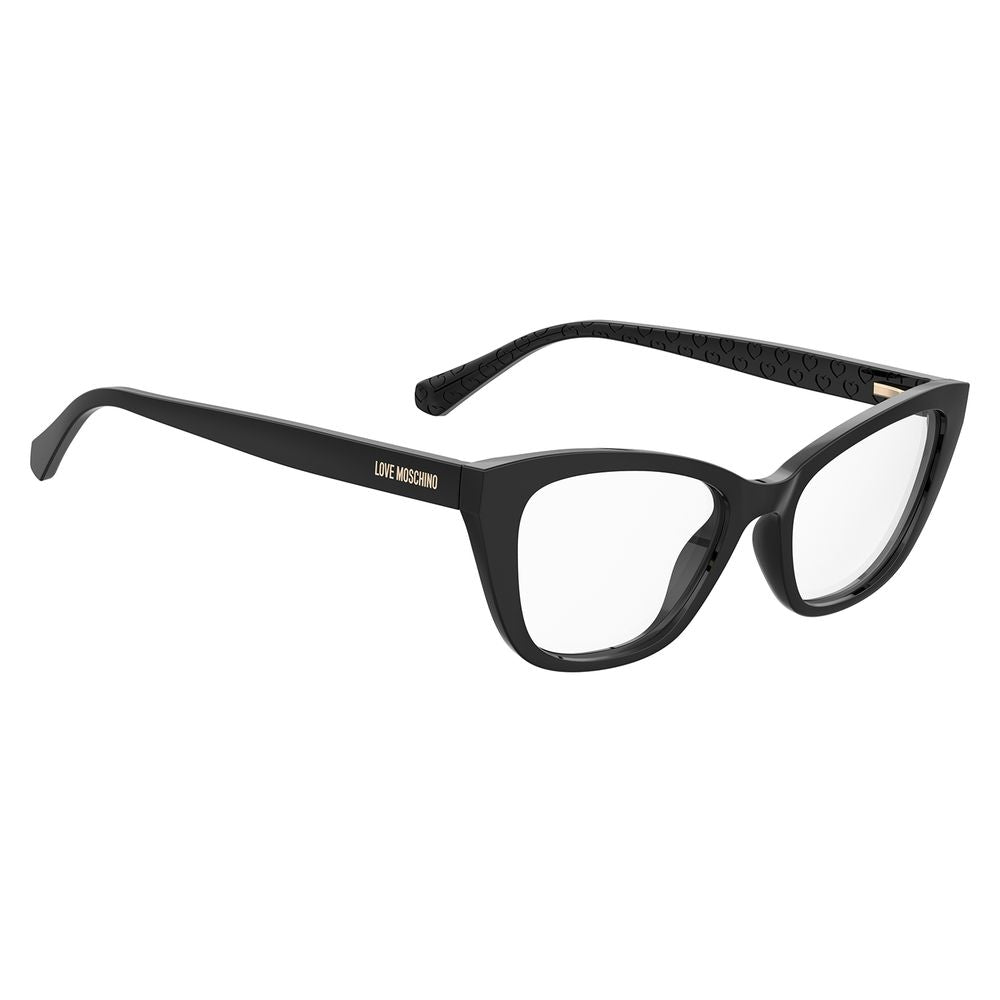 Eyeglasses Frames by Love Moschino for women in cellulose propionate black showcases a reflective silhouette, artfully incorporating a sophisticated black coloured frame with a distinct full-frame frame design.