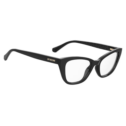 Eyeglasses Frames by Love Moschino for women in cellulose propionate black showcases a reflective silhouette, artfully incorporating a sophisticated black coloured frame with a distinct full-frame frame design.