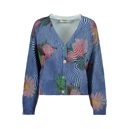 Cardigan by Desigual for women in stretch cotton blue features a dramatic silhouette, showcasing a sophisticated and dramatic detail for a timeless, premium look.