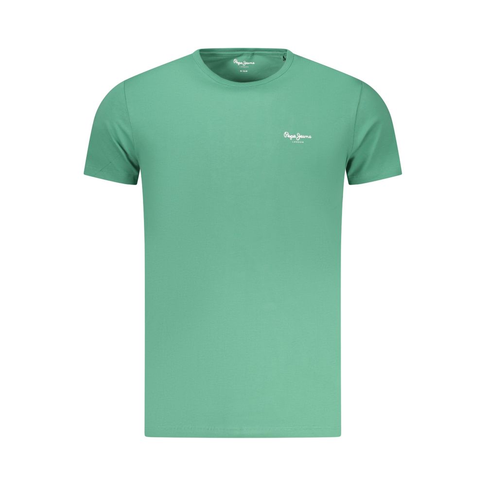 T-Shirt by Pepe Jeans for men in cotton green & print showcases a fashionable silhouette, elegantly detailed with a fashionable and crew neckline for a sophisticated, high-fashion look.