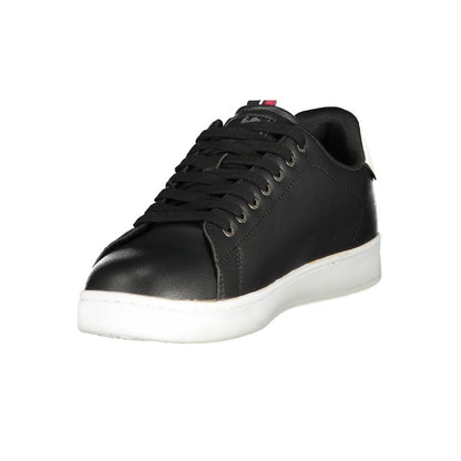 Athletic Sneakers by U.S. Grand Polo for men in polyester & polyurethane black features an architectural silhouette, showcasing the premium athletic style of the Essence Men's Athletic Polyester & Polyurethane Sneakers with an architectural finish.