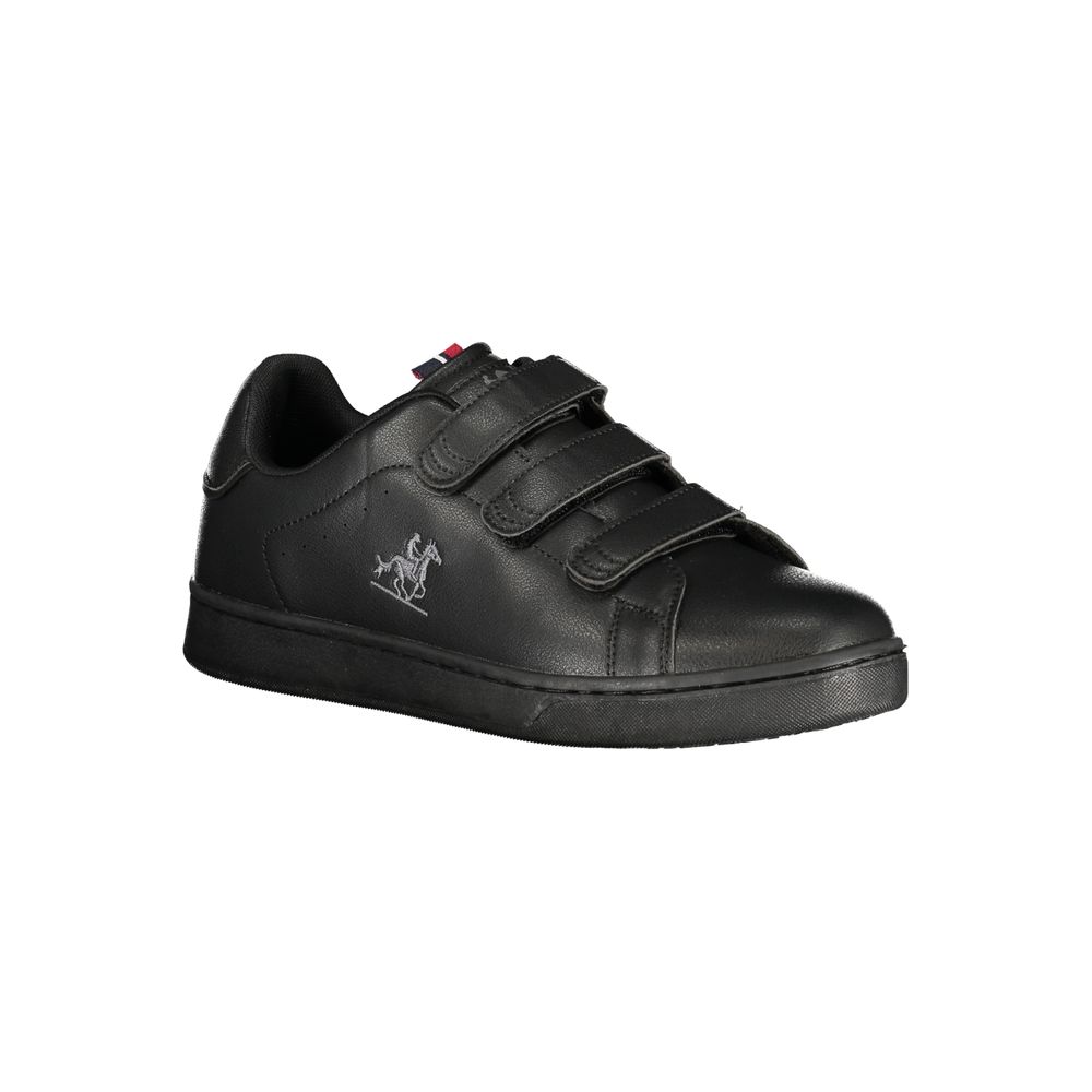 Athletic Sneakers by U.S. Grand Polo for men in polyester & polyurethane black features an architectural silhouette, showcasing the premium athletic style of the Men's Athletic Polyester & Polyurethane Sneakers with an architectural finish.