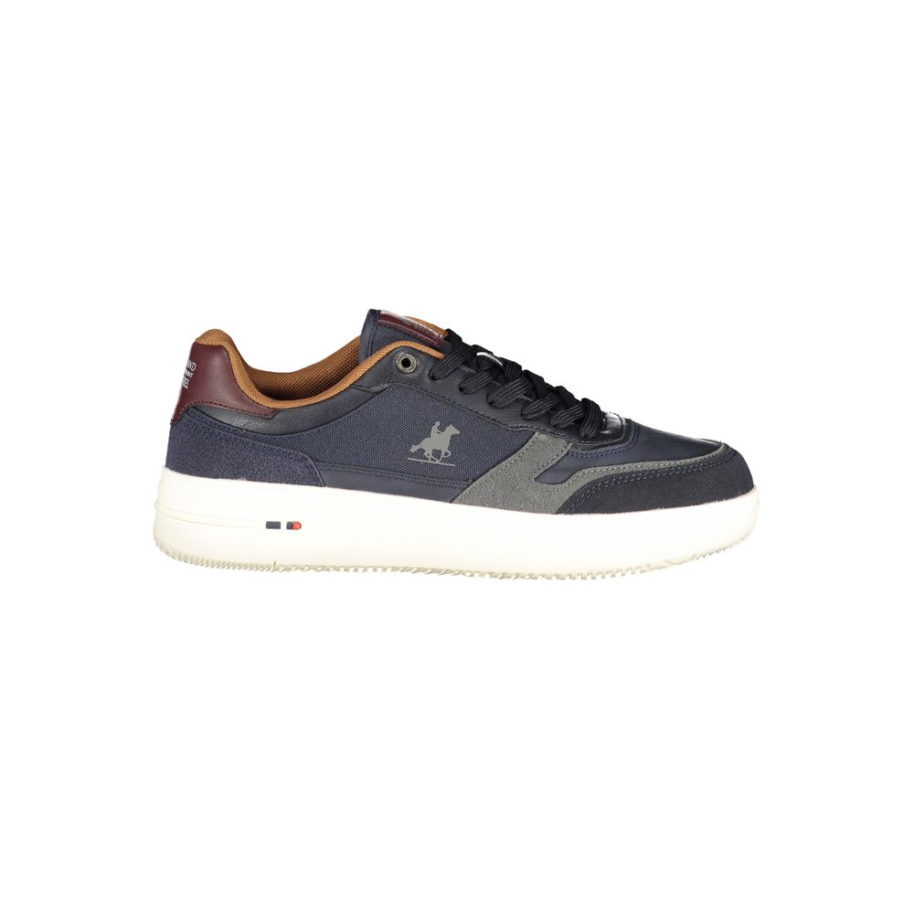 Athletic Sneakers by U.S. Grand Polo for men in polyester & polyurethane blue, signature-print & print presents a sleek silhouette, perfectly capturing the athletic style essence of Men's Athletic Polyester & Polyurethane Sneakers with its sleek design and premium finish.