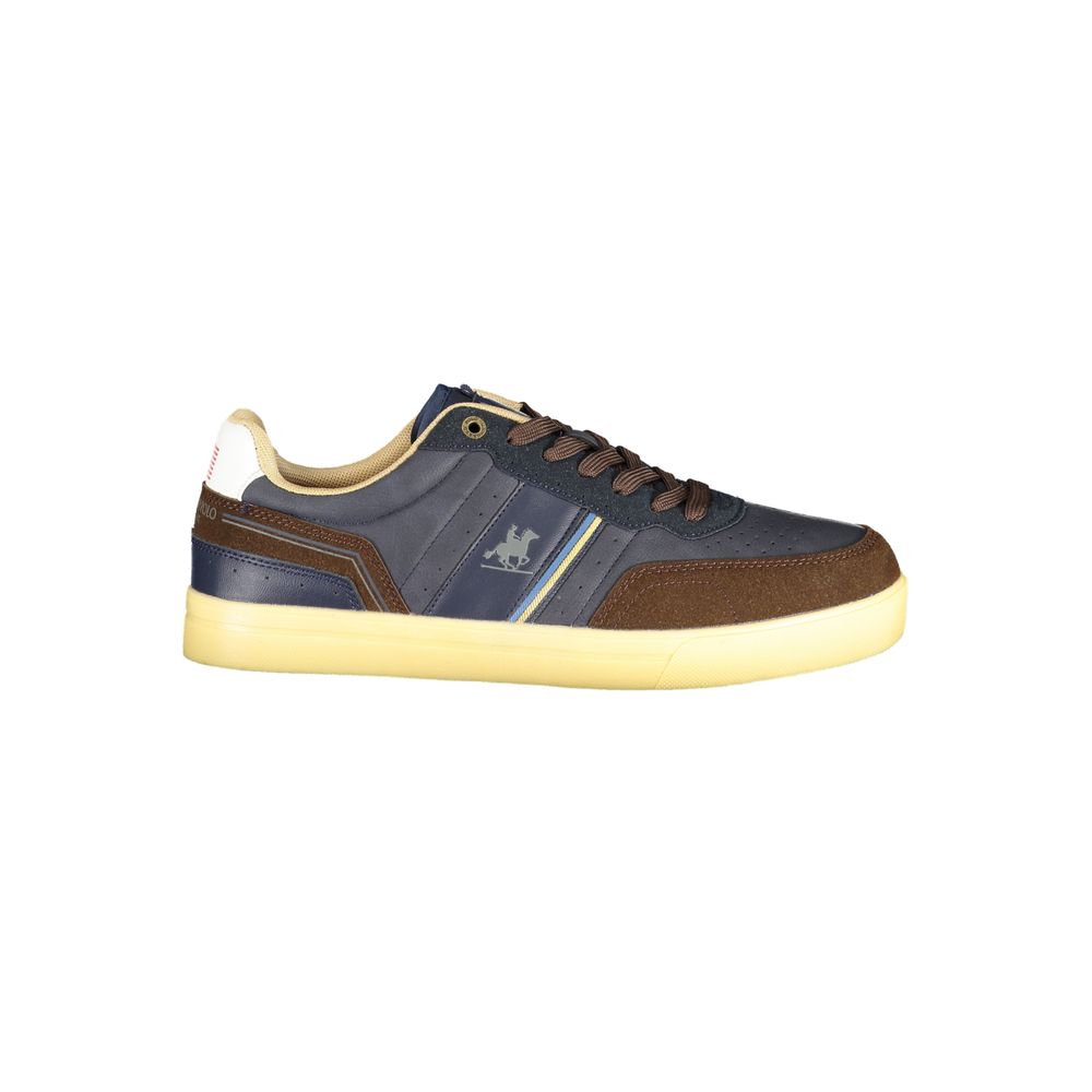 Athletic Sneakers by U.S. Grand Polo for men in polyester & polyurethane beige, blue & signature features an architectural silhouette, showcasing the premium athletic style of the Men's Athletic Polyester & Polyurethane Sneakers with an architectural finish.