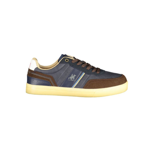 Athletic Sneakers by U.S. Grand Polo for men in polyester & polyurethane beige, blue & signature features an architectural silhouette, showcasing the premium athletic style of the Men's Athletic Polyester & Polyurethane Sneakers with an architectural finish.