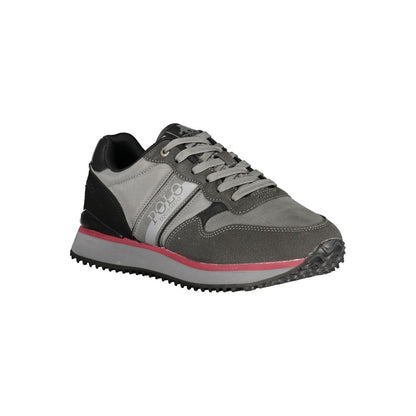 Athletic Sneakers by U.S. Grand Polo for men in polyester & polyurethane gray & print features an architectural silhouette, showcasing the premium athletic style of the Bear Men's Athletic Polyester & Polyurethane Sneakers with an architectural finish.