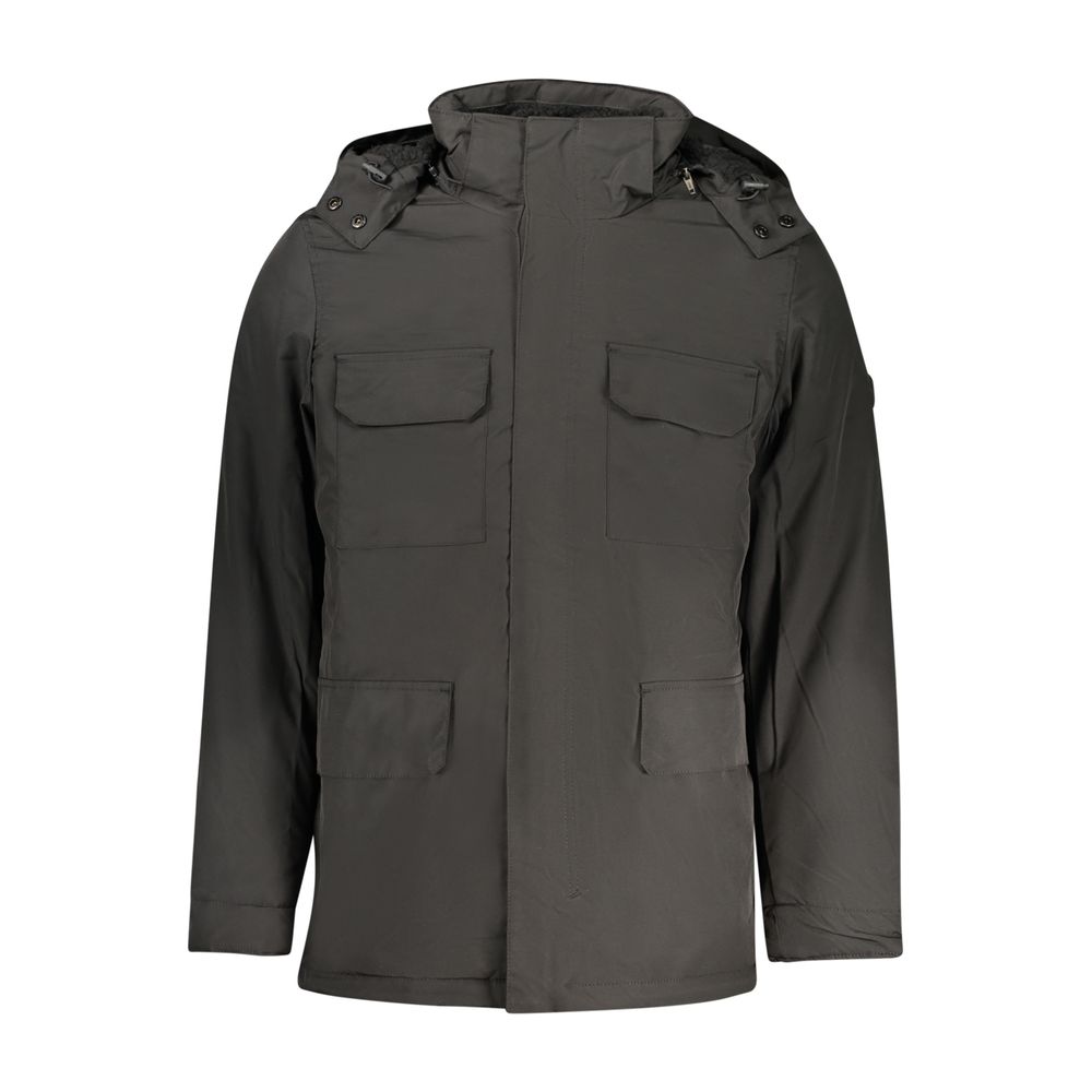 This Hooded Parka by U.S. Grand Polo for men in sheep leather polyester fur black & signature presents a utilitarian silhouette, meticulously detailed with pockets & hooded and a utilitarian hooded neckline for a sophisticated, weather-ready look.