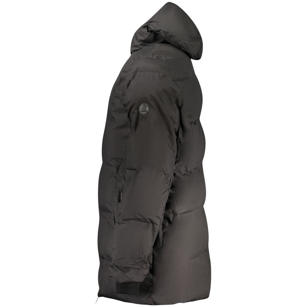 Hooded Windbreaker Jacket by U.S. Grand Polo for men in polyester black presents a resilient silhouette, artfully detailed with a sophisticated hooded neckline and functional pockets, hooded & windproof for a resilient finish.