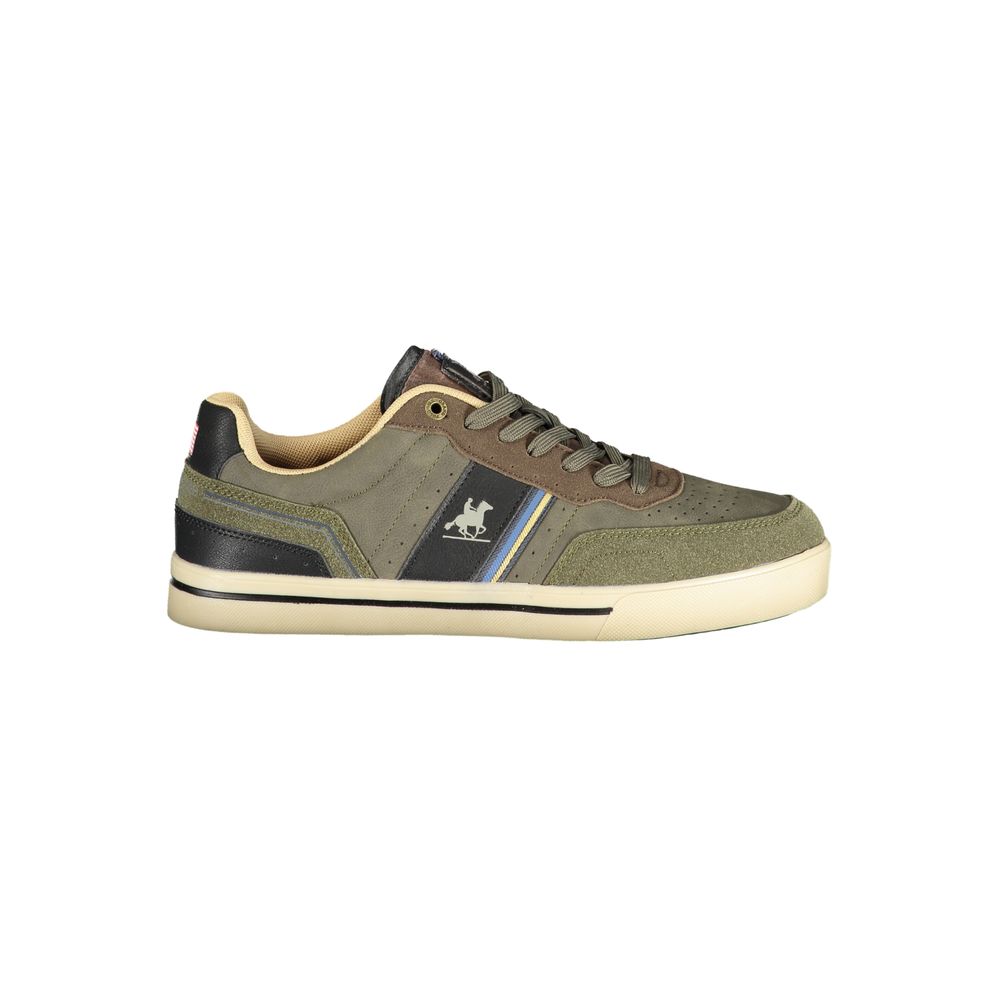 Athletic Sneakers by U.S. Grand Polo for men in polyester & polyurethane green, signature & print features an architectural silhouette, showcasing the premium athletic style of the Men's Athletic Polyester & Polyurethane Sneakers with an architectural finish.
