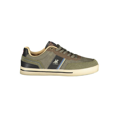 Athletic Sneakers by U.S. Grand Polo for men in polyester & polyurethane green, signature & print features an architectural silhouette, showcasing the premium athletic style of the Men's Athletic Polyester & Polyurethane Sneakers with an architectural finish.