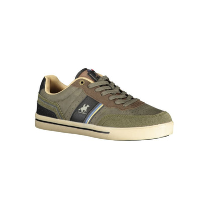 Athletic Sneakers by U.S. Grand Polo for men in polyester & polyurethane green, signature & print features an architectural silhouette, showcasing the premium athletic style of the Men's Athletic Polyester & Polyurethane Sneakers with an architectural finish.