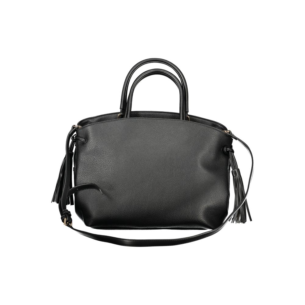 Handbag by Cafenoir for women in polyurethane black features an refined silhouette, showcasing a secure zipper, ample internal-pockets, and versatile shoulder-strap, handle, adjustable-strap & detachable-strap for a sophisticated refined aesthetic.