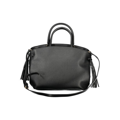 Handbag by Cafenoir for women in polyurethane black features an refined silhouette, showcasing a secure zipper, ample internal-pockets, and versatile shoulder-strap, handle, adjustable-strap & detachable-strap for a sophisticated refined aesthetic.