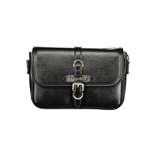 This Handbag by Cafenoir for women in polyurethane leather and black presents a sculptural silhouette featuring a secure snap, ample built-in-compartments & internal-pockets, and versatile shoulder-strap & adjustable-strap for a sculptural finish.