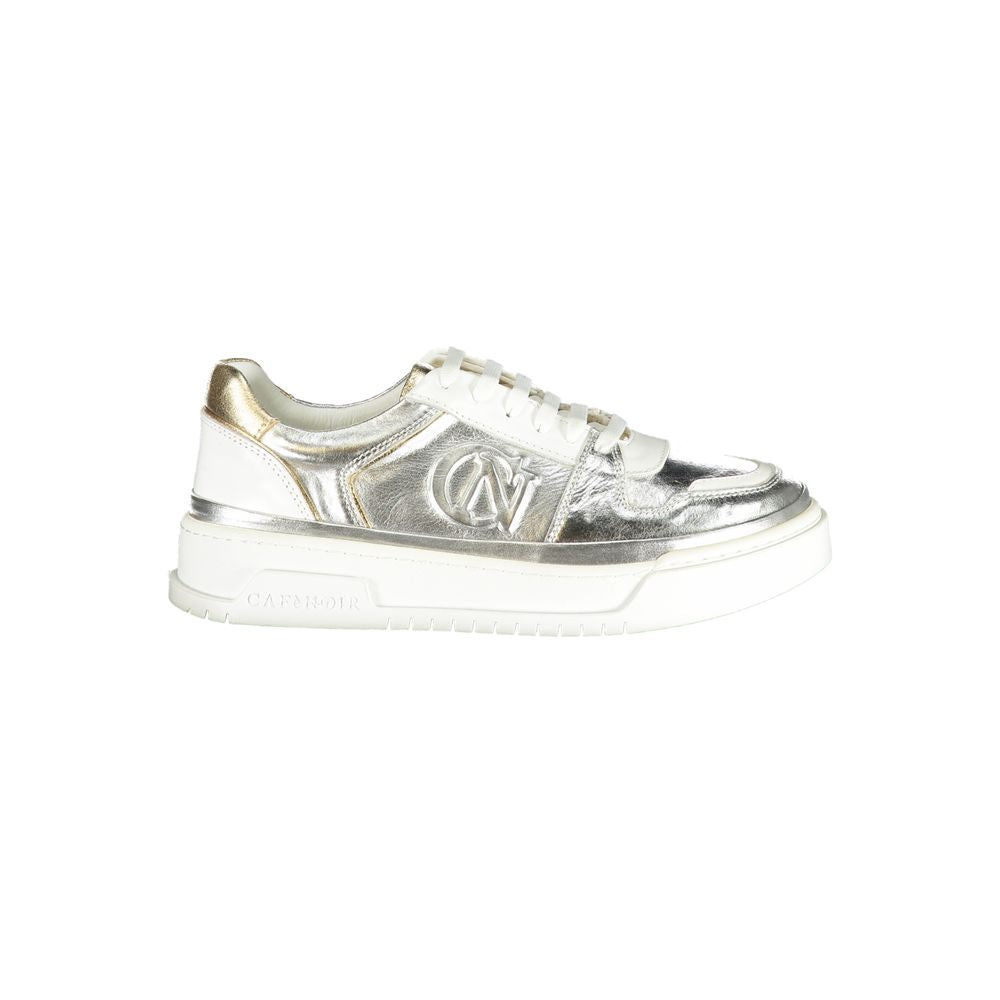 Athletic Sneakers by Cafenoir for women in polyurethane leather gray, silver & print showcases a architectural silhouette, artfully capturing the essence of the Essence Women's Athletic Polyurethane Leather Sneakers with its signature architectural athletic style construction.