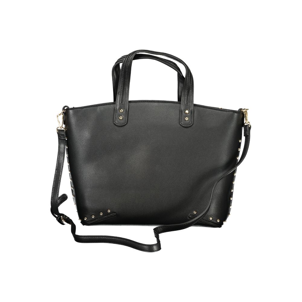 Handbag by Cafenoir for women in polyurethane black & signature features a ornamental silhouette, showcasing a secure zipper, ample built-in-compartments & internal-pockets, and ornamental shoulder-strap, adjustable-strap, detachable-strap & handle for a sophisticated look.