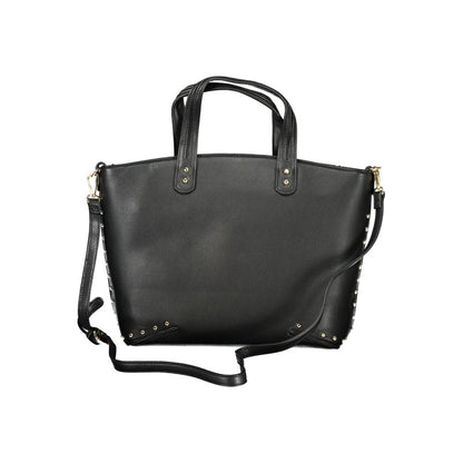 Handbag by Cafenoir for women in polyurethane black & signature features a ornamental silhouette, showcasing a secure zipper, ample built-in-compartments & internal-pockets, and ornamental shoulder-strap, adjustable-strap, detachable-strap & handle for a sophisticated look.