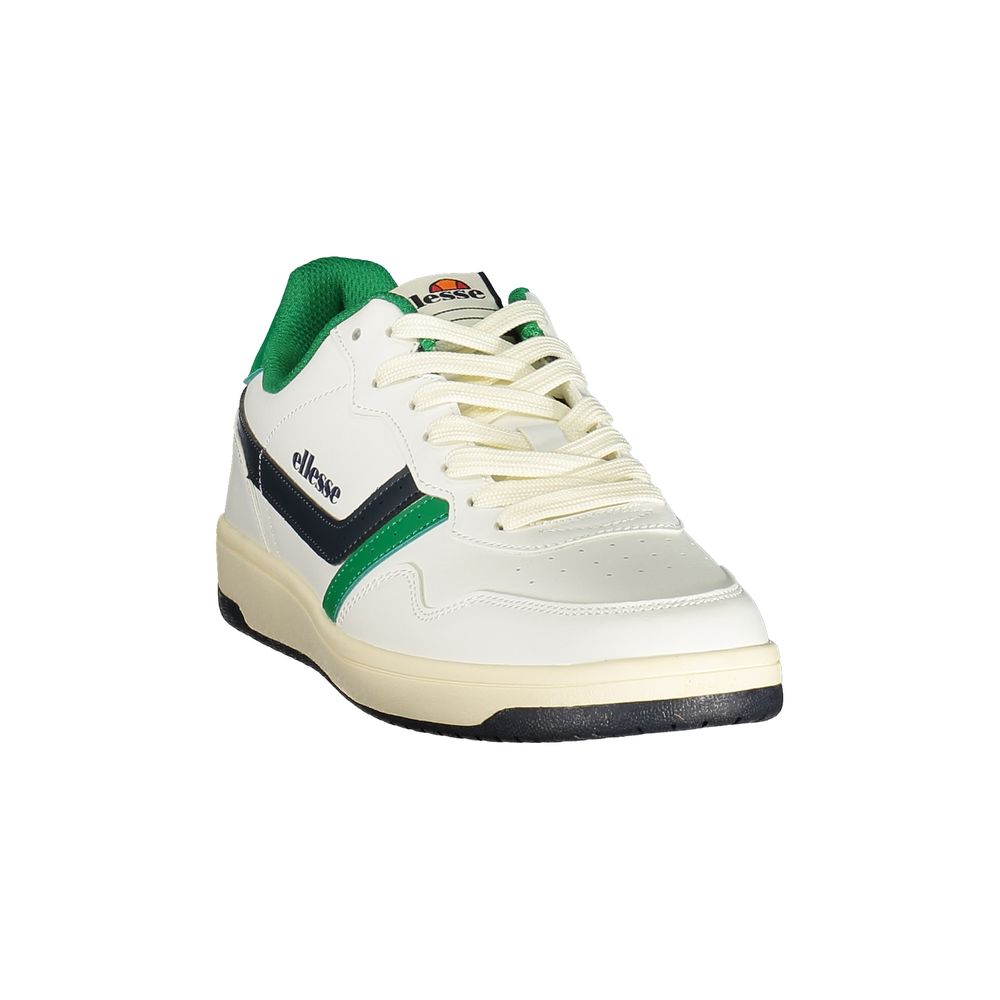 Athletic Sneakers by Ellesse for men in polyester & polyurethane blue, green, white & print showcases a architectural silhouette, artfully capturing the essence of the Men's Athletic Polyester & Polyurethane Sneakers with its signature architectural athletic style construction.