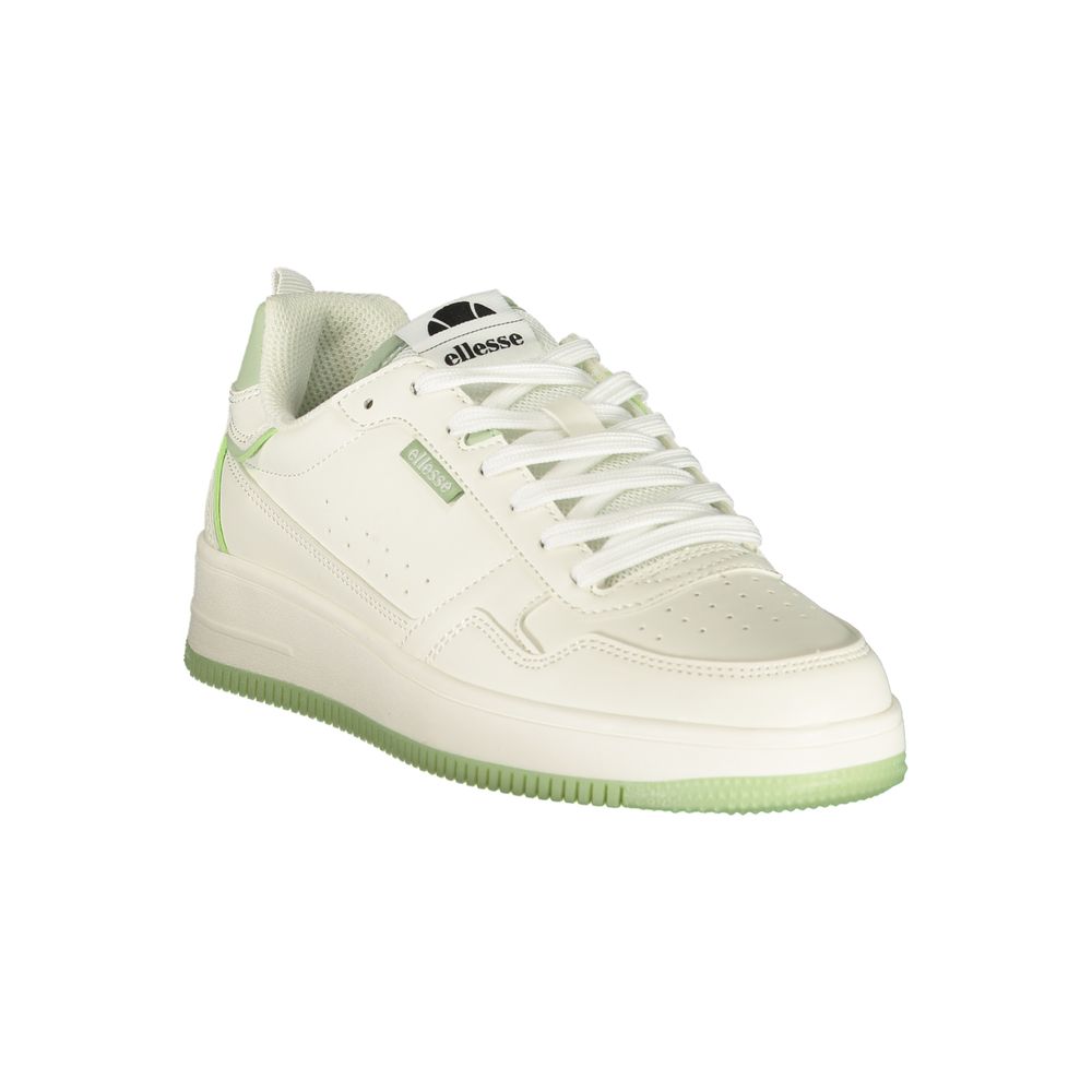Athletic Sneakers by Ellesse for women in polyester & polyurethane green & white showcases a architectural silhouette, artfully capturing the essence of the Women's Athletic Polyester & Polyurethane Sneakers with its signature architectural athletic style construction.