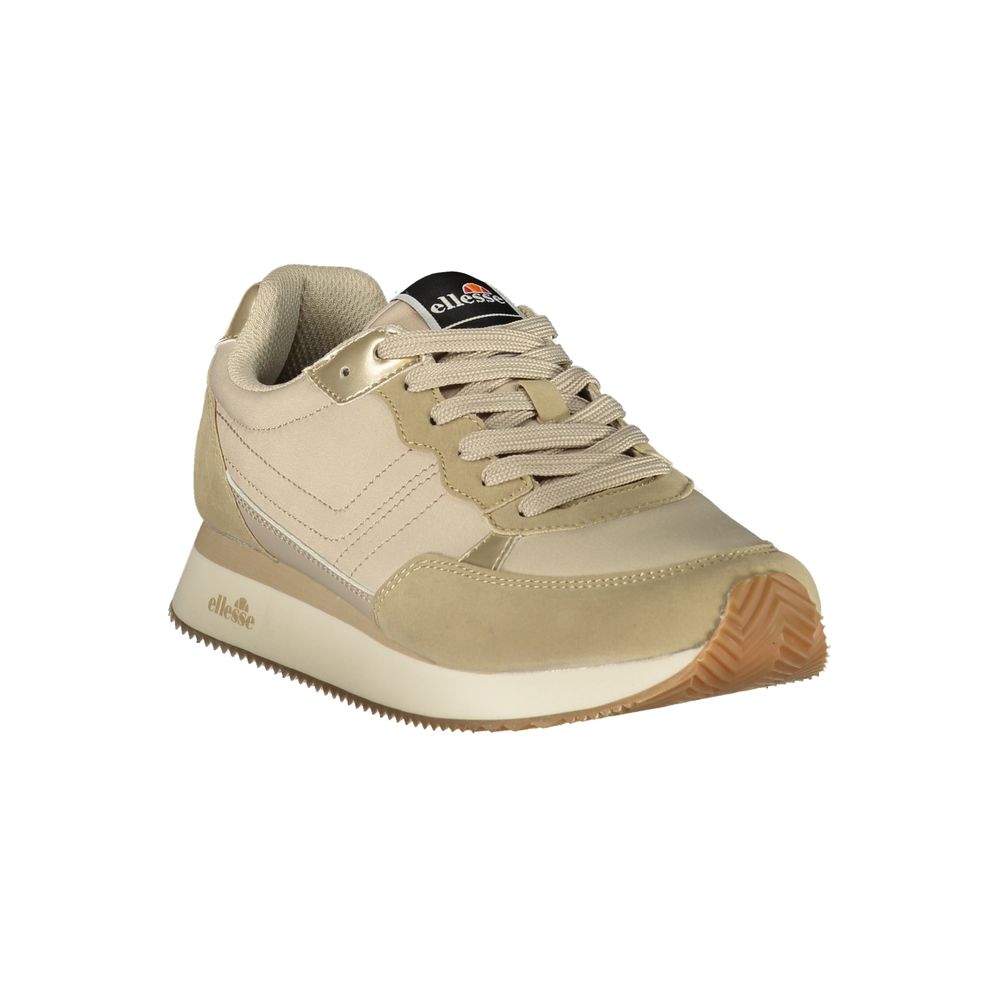 Athletic Sneakers by Ellesse for women in polyester & polyurethane beige & gold features an architectural silhouette from the Women's Athletic Polyester & Polyurethane Sneakers collection, showcasing a architectural athletic style for a architectural look.